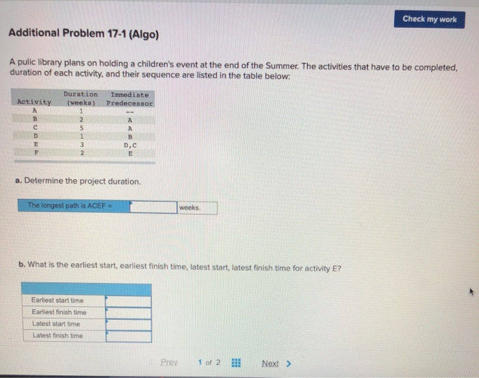 Check my work Additional Problem 17-1 (Algo) A