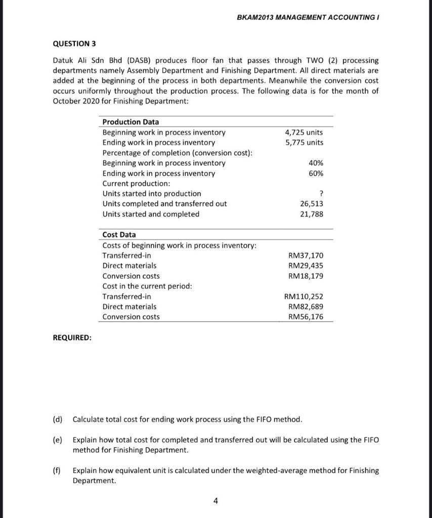 BKAM2013 MANAGEMENT ACCOUNTING I QUESTION 3 Datuk