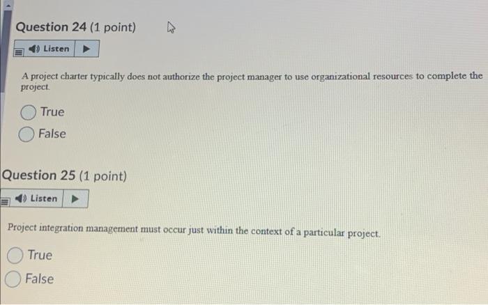Question 24 (1 point) Listen A project charter