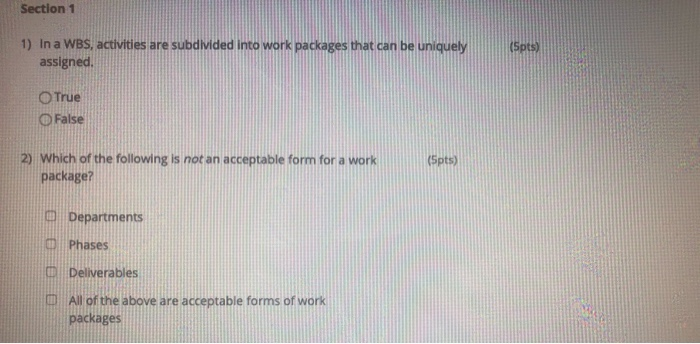 Section 1 1) In a WBS, activities are subdivided
