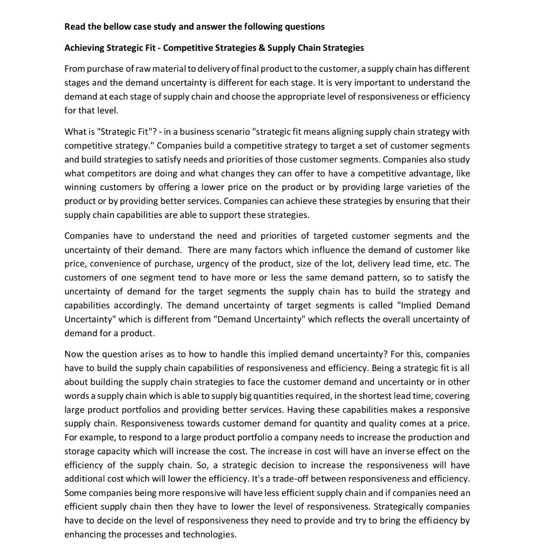 supply chain management read the case study and