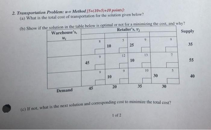 2. Transportation Problem: u-v Method