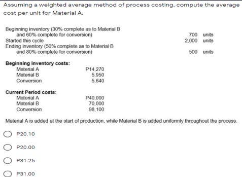 Assuming a weighted average method of process