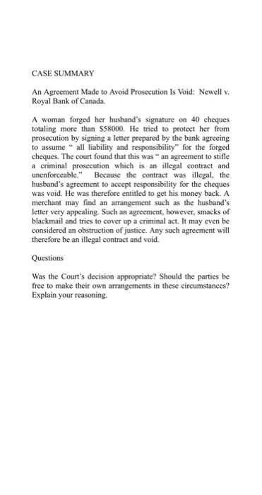 CASE SUMMARY An Agreement Made to Avoid