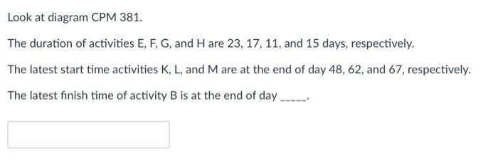 A E B F K N STA G FIN D H M Q Look at diagram CPM