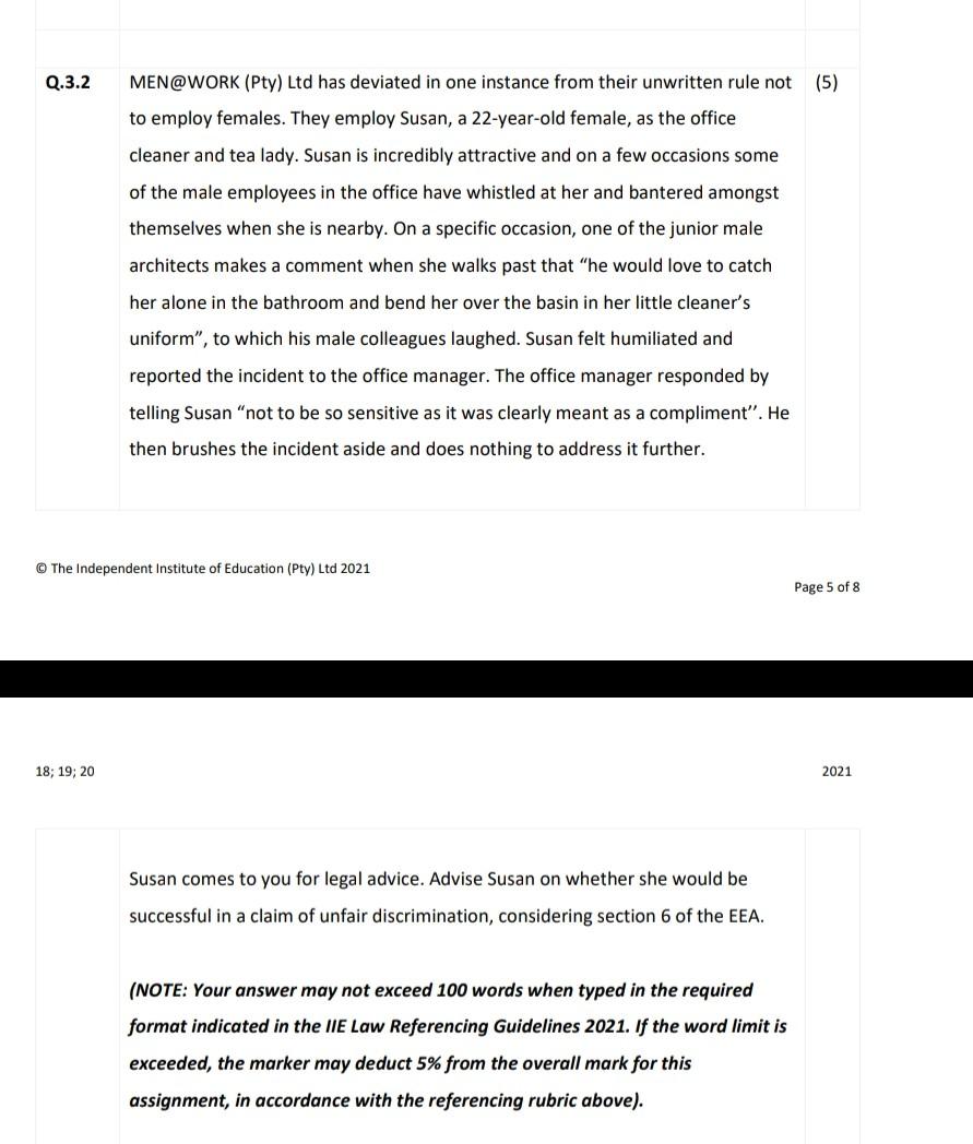Labour law assignment Q.3.2 (5) MEN@WORK (Pty)
