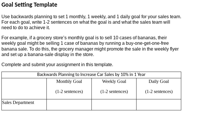 Goal Setting Template Use backwards planning to