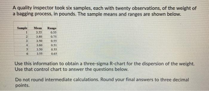 A quality inspector took six samples, each with