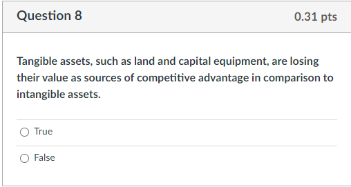 Question 8 0.31 pts Tangible assets, such as land