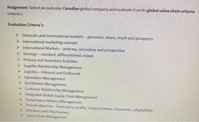 Assignment: Select an exclusive Canadian global