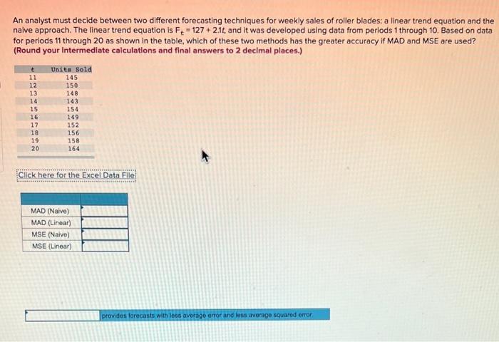 MAD (naive)= MAD(linear) = MSE (naive) = MSE