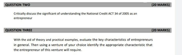 entrepreneurship (20 MARKS) QUESTION TWO