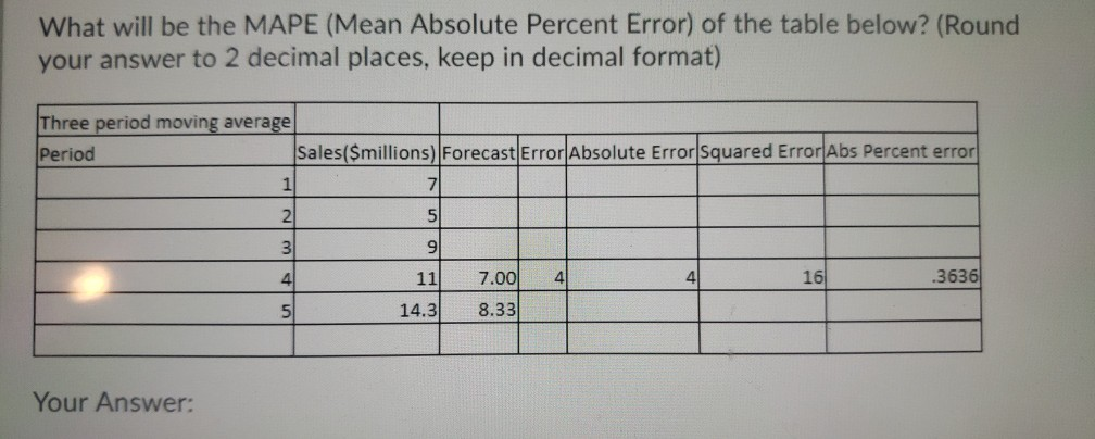 What will be the Bias for the table below? (Round