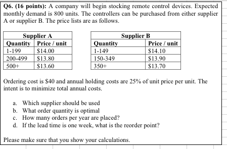 Q6. (16 points): A company will begin stocking