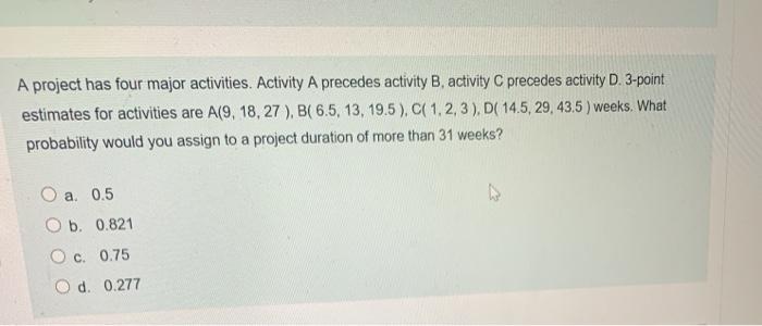 A project has four major activities. Activity A