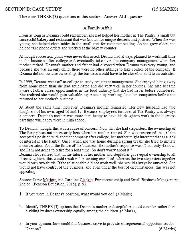 subject : enterprenuership (15 MARKS) SECTION B: