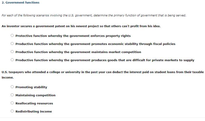 2. Government functions For each of the following