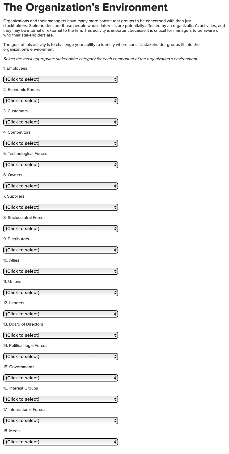 Options are: Internal Stakeholders, External