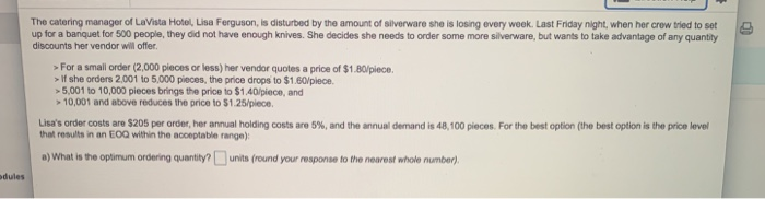 The catering manager of La Vista Hotel, Lisa