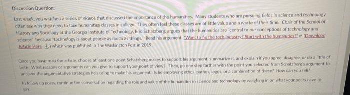 Discussion Question: Last week. you watched a