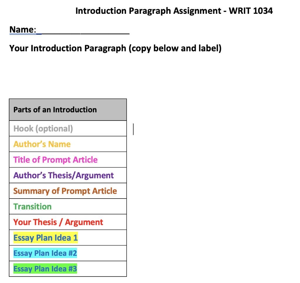 Introduction Paragraph Assignment - WRIT 1034