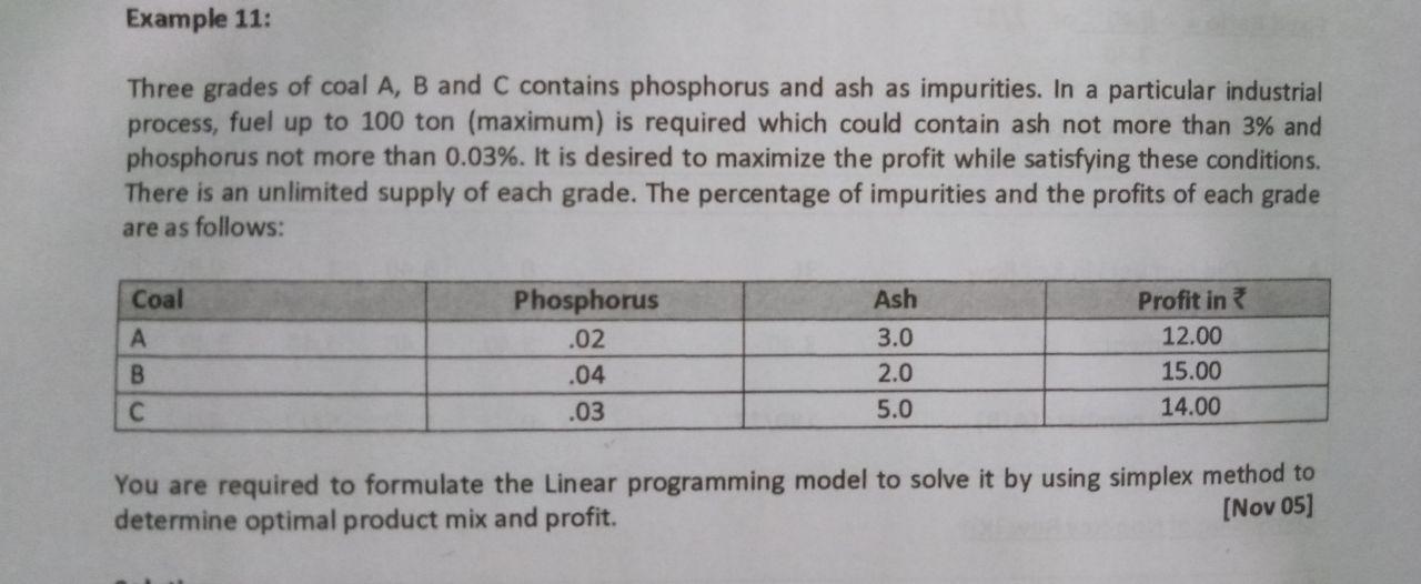 Example 11: Three grades of coal A, B and C