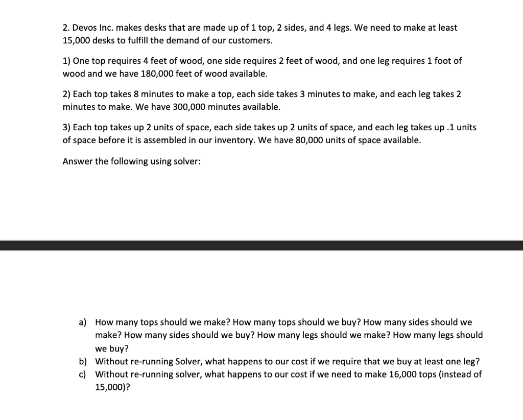 2. Devos Inc. makes desks that are made up of 1