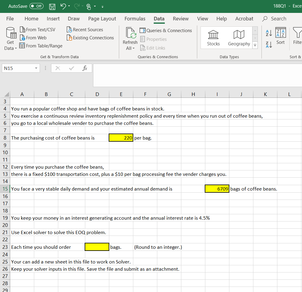USE EXCEL SOLVER TO ANSWER QUESTION. 188Q1 - Exce