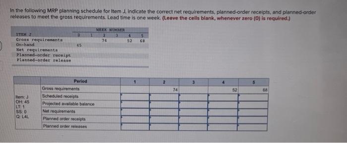 In the following MRP planning schedule for Item