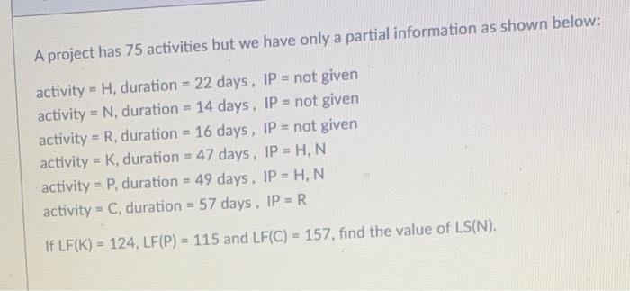 A project has 75 activities but we have only a