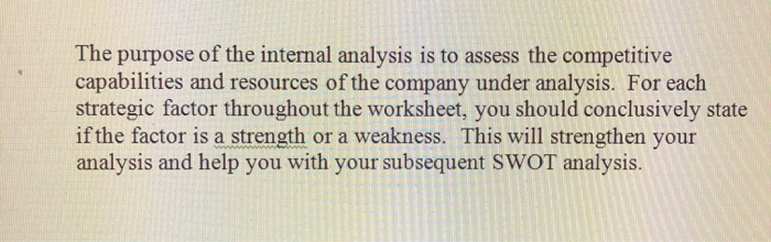The purpose of the internal analysis is to assess