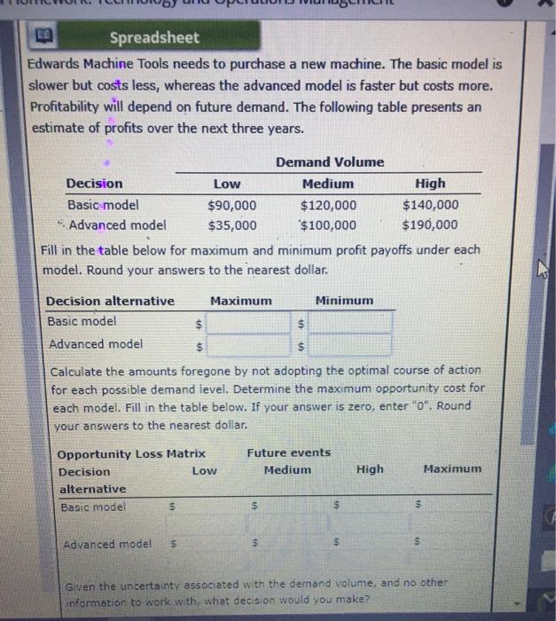 Spreadsheet Edwards Machine Tools needs to
