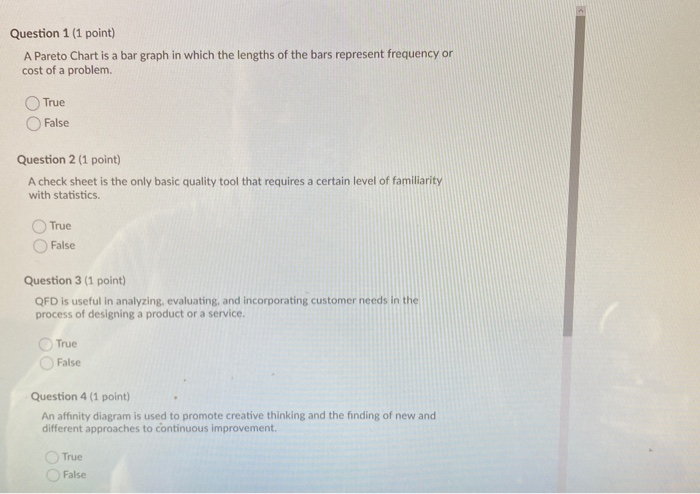 Question 1 (1 point) A Pareto Chart is a bar
