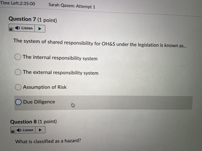 Time Left:2:35:00 Sarah Qasem: Attempt 1 Question