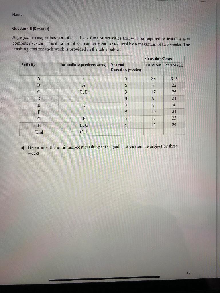 Name: Question 6 (9 marks) A project manager has