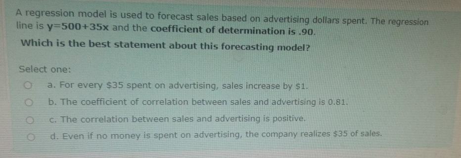 A regression model is used to forecast sales