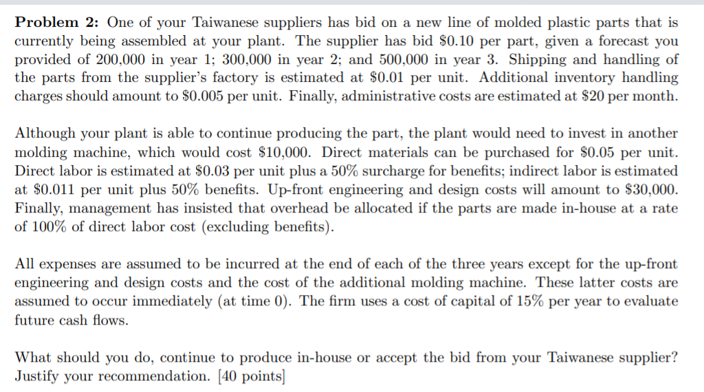 Problem 2: One of your Taiwanese suppliers has