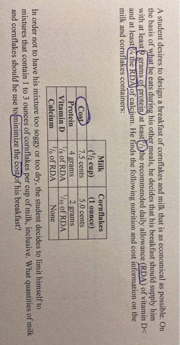 A student desires to design a breakfast of