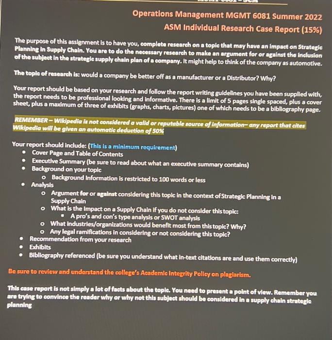 Operations Management MGMT 6081 Summer 2022 ASM