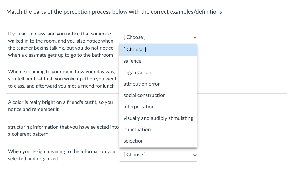 Match the parts of the perception process below