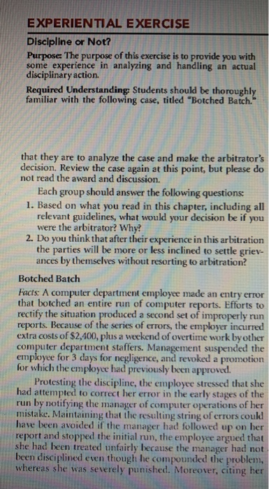 EXPERIENTIAL EXERCISE Discipline or Not? Purpose:
