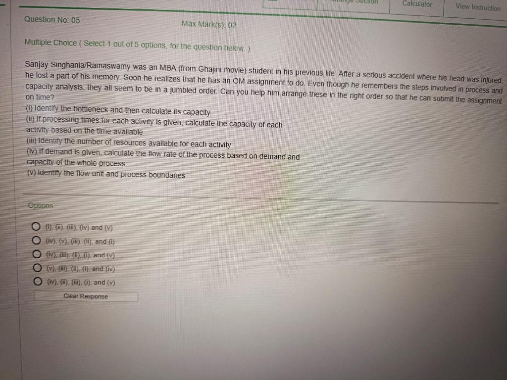 Calculator View Instruction Question No. 05 Max