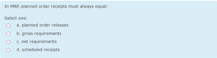In MRP, planned order receipts must always equal: