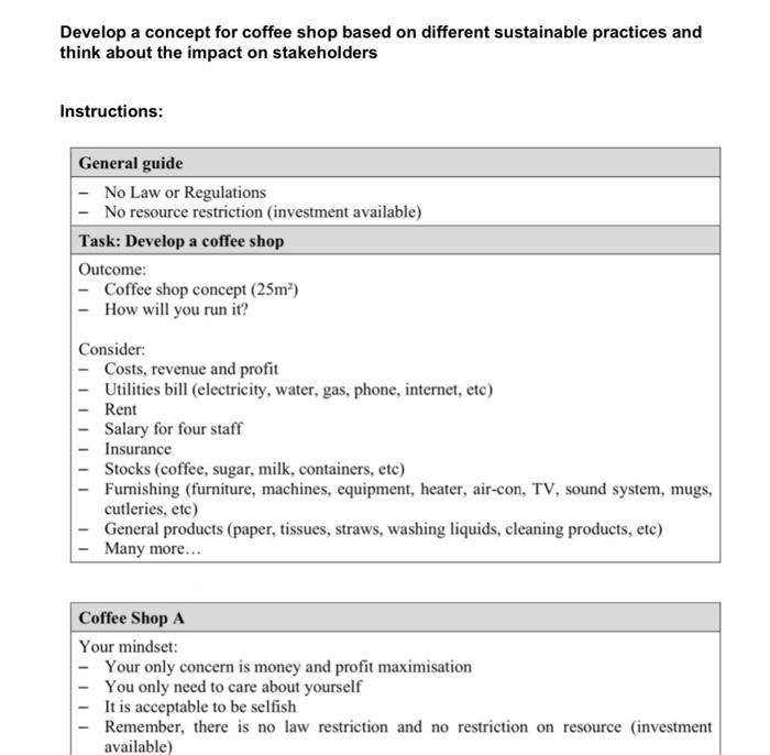 Develop a concept for coffee shop based on