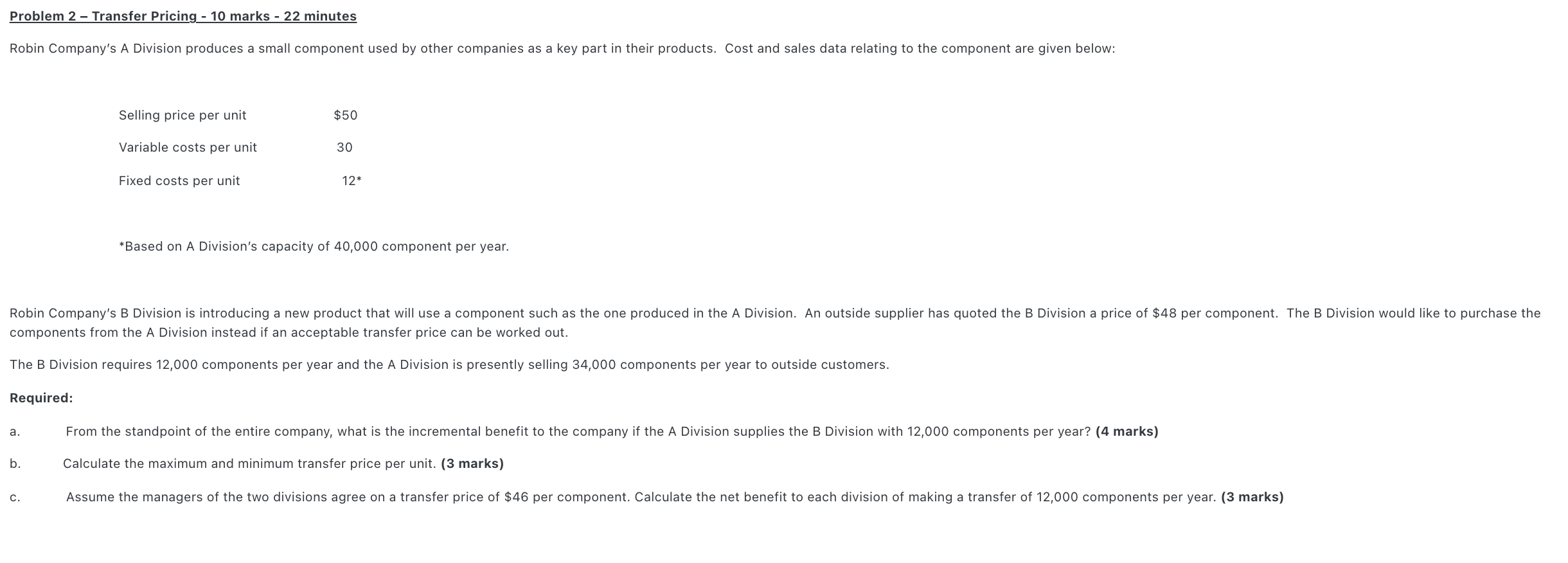Problem 2 - Transfer Pricing - 10 marks - 22