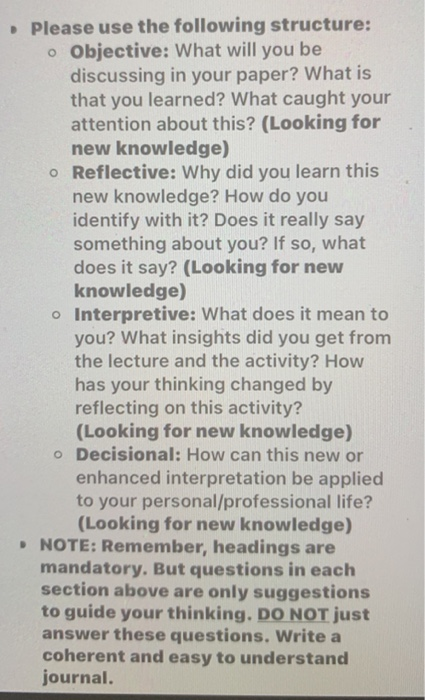 Please use the following structure: o Objective: