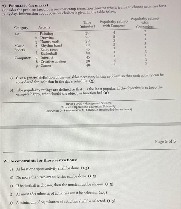7) PROBLEM 7 (14 marks) Consider the problem