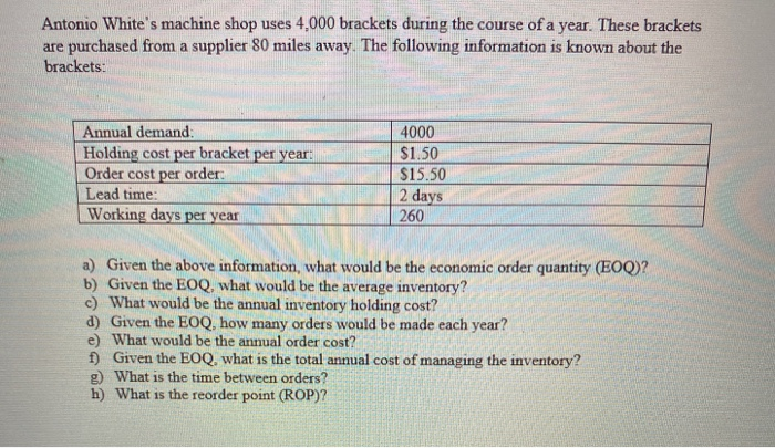 Antonio White's machine shop uses 4.000 brackets