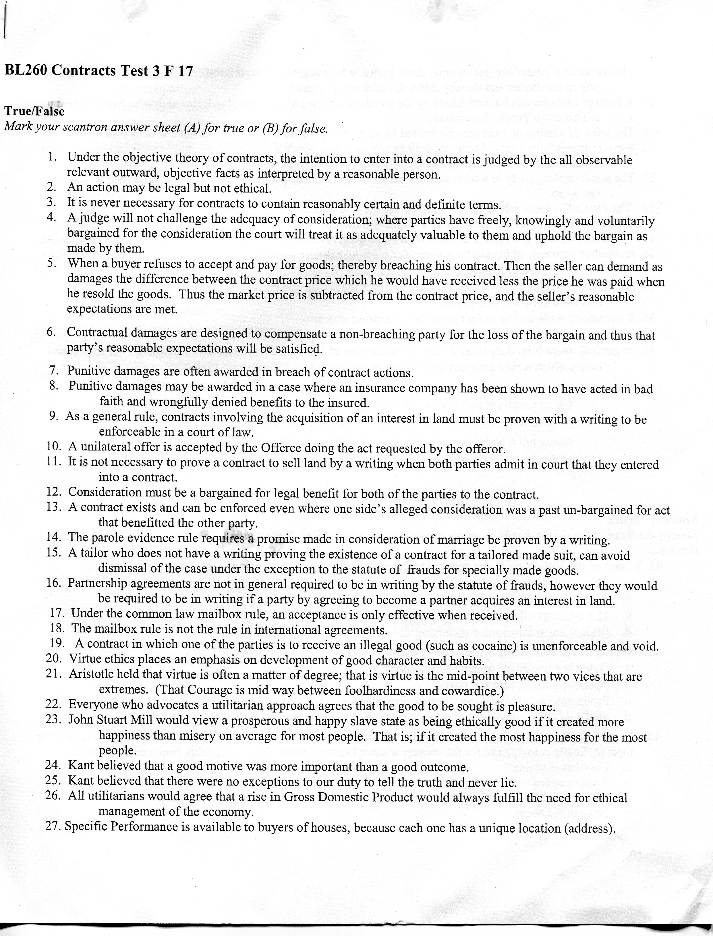 BL260 Contracts Test 3 F 17 True/False Mark your