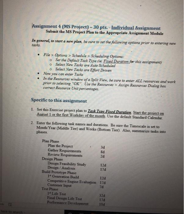 Assignment 4 (MS Project) - 30 pts. - Individual
